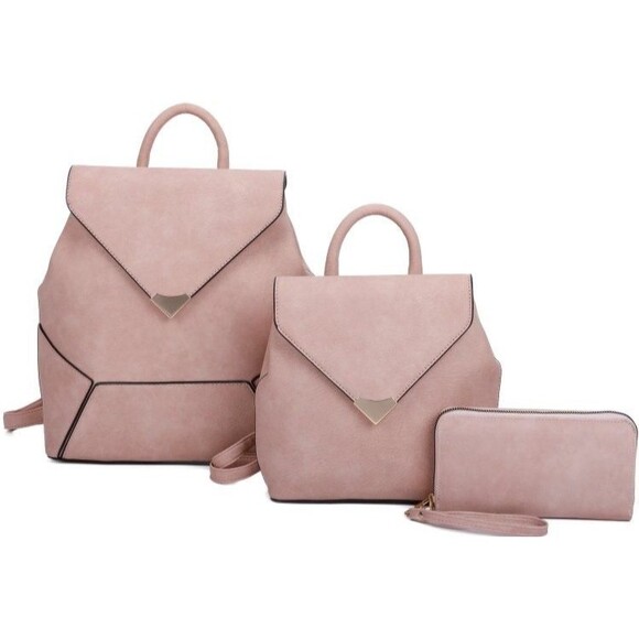 Women's Soft Pink 3-Piece Stylish V Cover Backpack Set - Picture 1 of 3